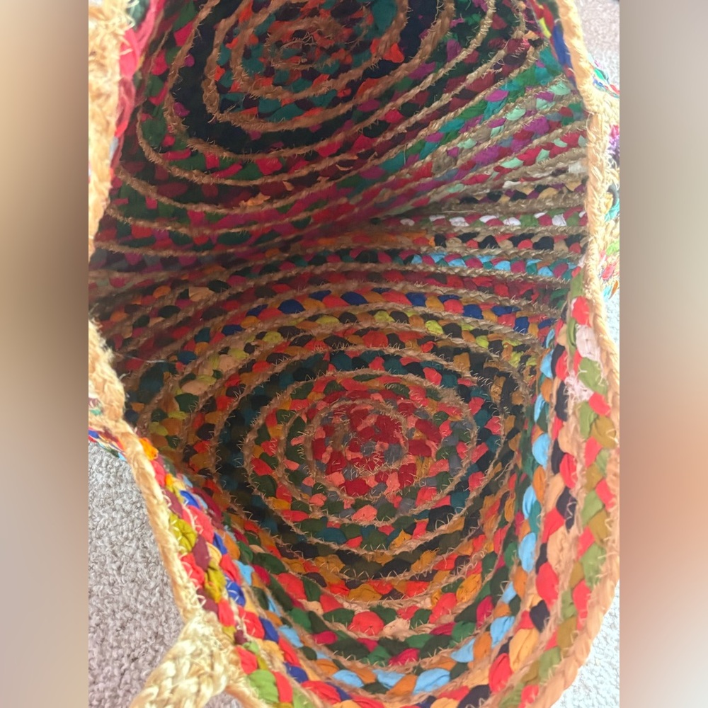 Boho Multicolor Woven Straw Round Tote Bag Large Market Beach Bag - Picture 5 of 7